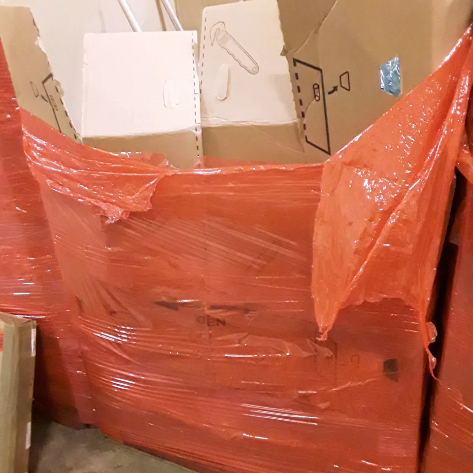 PALLET CONTAINING ASSORTED PRODUCTS INCLUDING BABY PLAYPEN, 16" PIZZA PEEL, DOG TOY TREAT DISPENSER BALLS, LAUNDRY CABINET & WAX MELTER