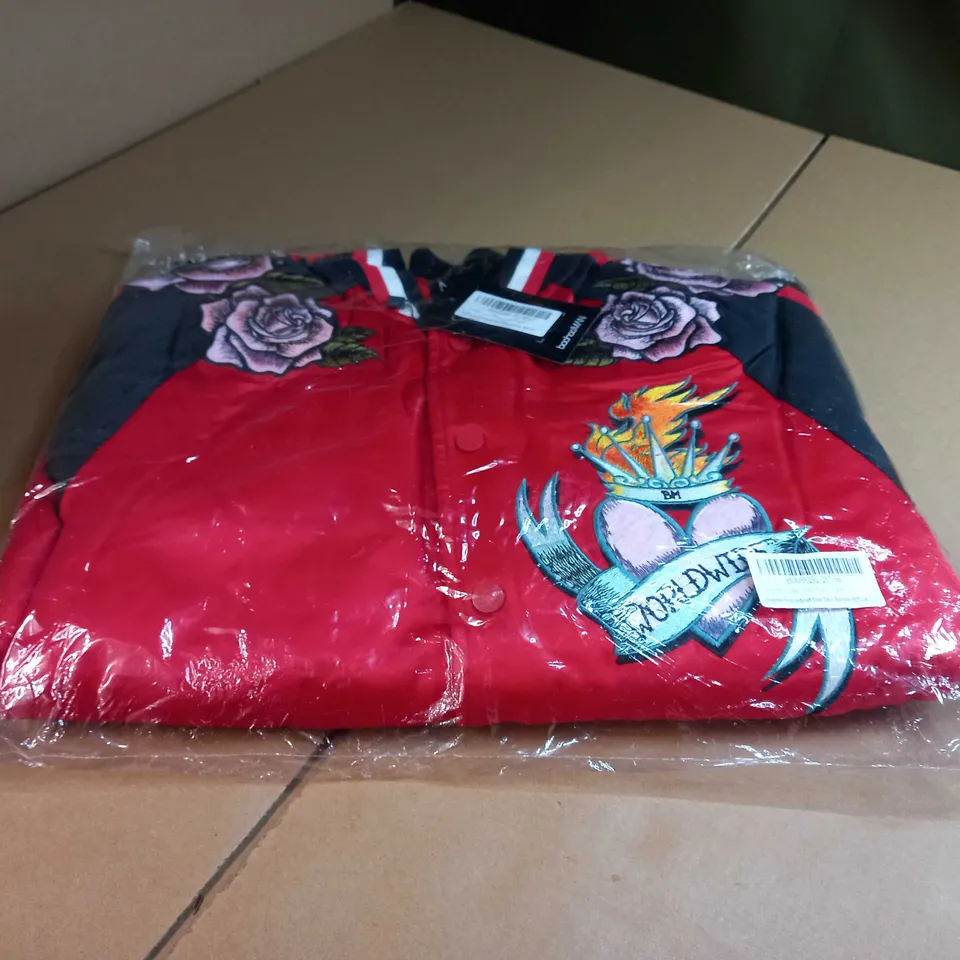 PACKAGED BOOHOO SWASLLOW EMBROIDERED BACK RED SATIN BOMBER JACKET - MEDIUM