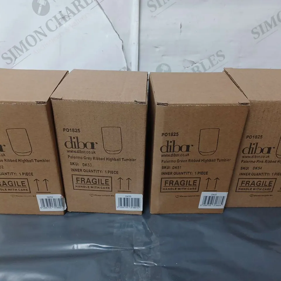 4 BOXED DIBA PALERMO RIBBED HIGHBALL TUMBLER GLASSES IN VARIOUS COLOURS - COLLECTIONB ONLY