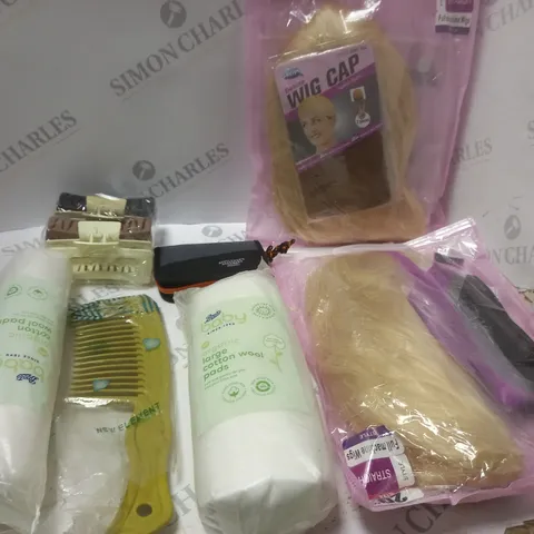 LOT OF ASSORTED COSMETIC ITEMS TO INCLUDE WIGS, MENS GROOMING KIT AND COTTON WOOL PADS