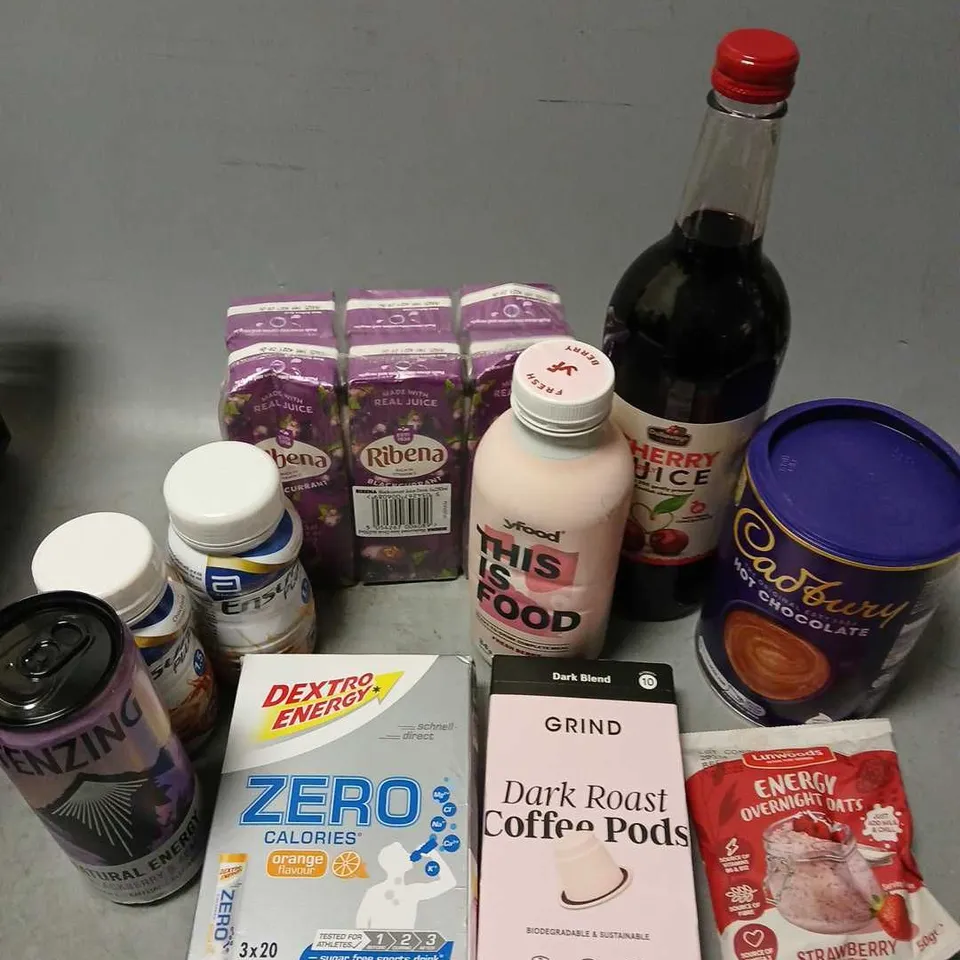 APPROXIMATELY 12 ASSORTED FOOD & DRINK PRODUCTS TO INCLUDE CADBURY HOT CHOCOLATE (500g), YFOOD FRESH BERRY, RIBENA, ETC