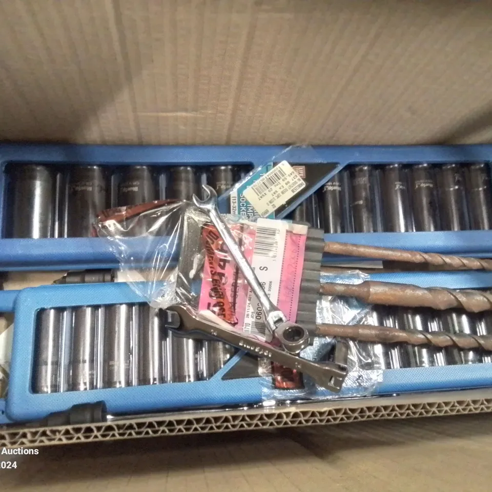 MIXED BOX OF TOOLS TO INCLUDE: VARIOUS SOCKET SETS, DOUBLE FLARING TOOL KIT ETC.