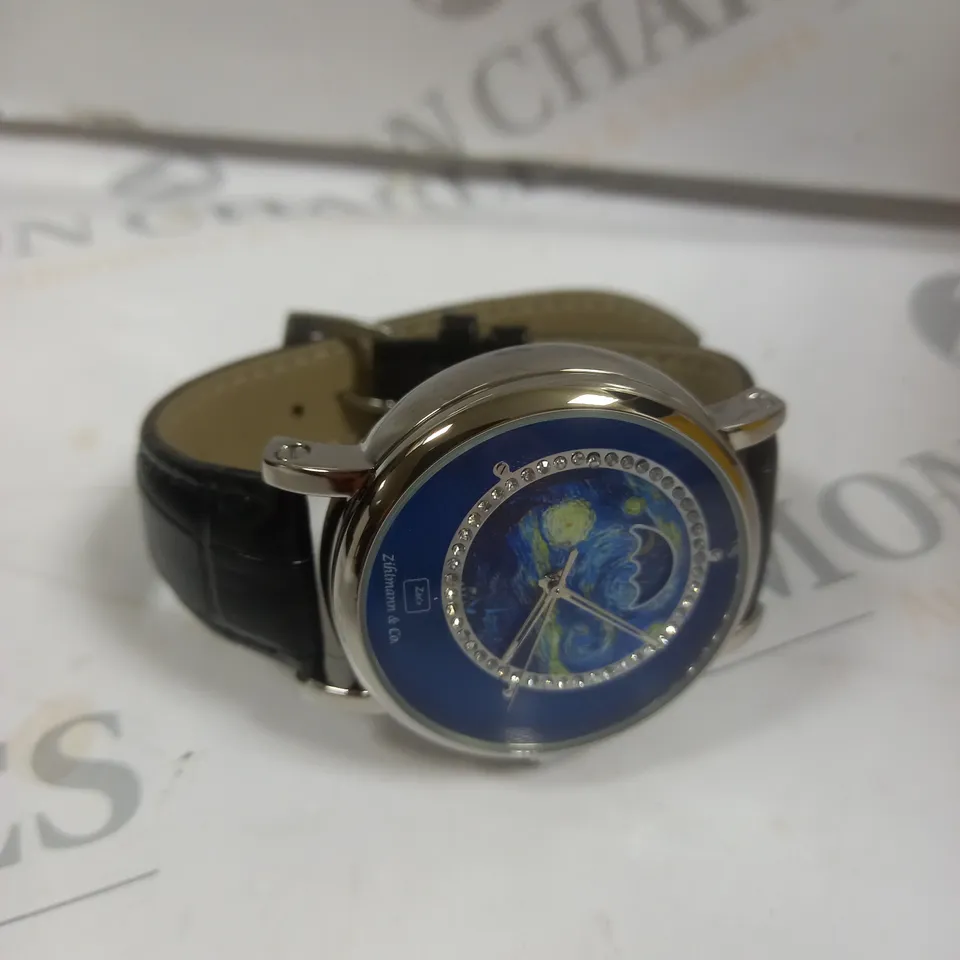 MENS ZIHLMANN & CO AUTOMATIC WATCH – Z150 – MOONPHASE DIAL – GLASS EXHIBITION BACKCASE - SILVER COLOUR CASE – BLACK LEATHER STRAP