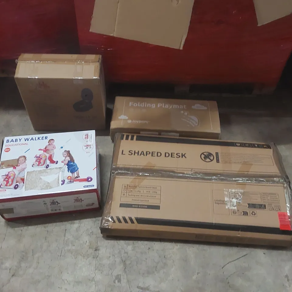 PALLET CONTAINING ASSORTED ITEMS TO INCLUDE: ELECTRIC PATIO HEATER, BABY WALKER, L-SHAPED DESK, FOLDING PLAYMAT, BABY WALKER ECT
