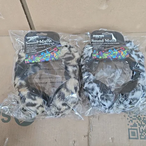 BOX OF APPROXIMATELY 15 MAXIM AUDIO SOUND MUFFS EAR WARMERS – FUR PRINT (LEOPARD & GREY)