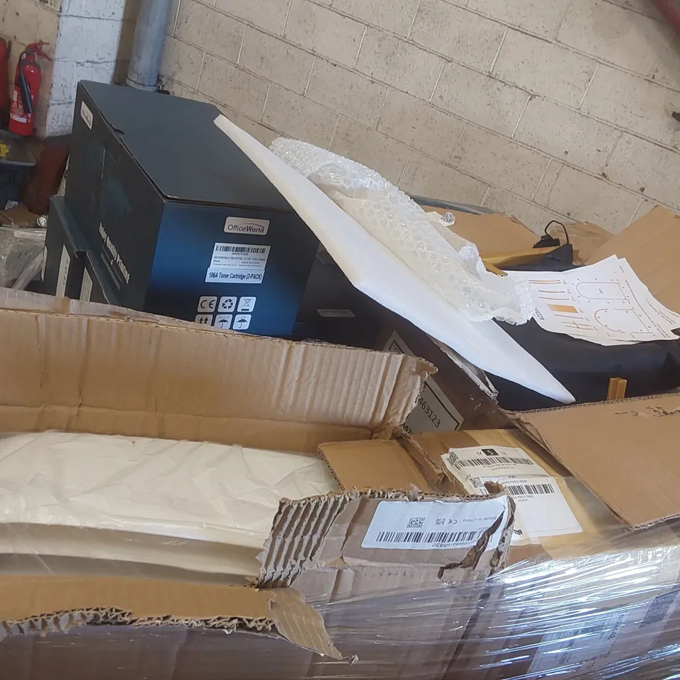 PALLET CONTAINING A VERY LARGE QUANTITY OF ASSORTED ITEMS INCLUDING: PRINTER CARTRIDGES, SHOE RACKS ECT