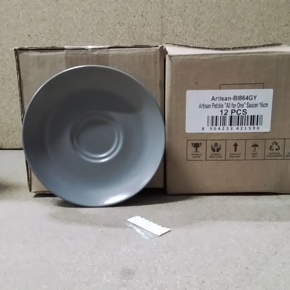 BOXED ARTISAN PEBBLE ALL FOR ONE SAUCER GREY APPROXIMATELY 12