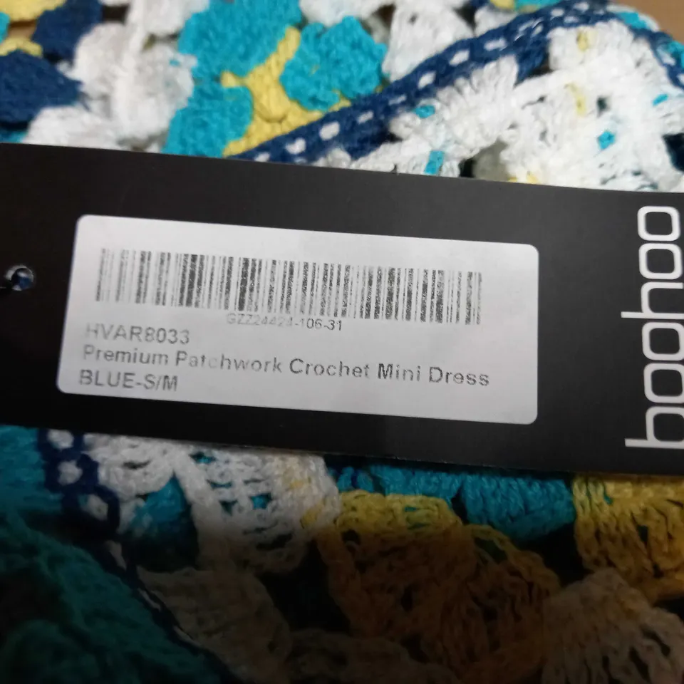 BOOHOO BLUE PATCHWORK CROCHET MINI DRESS - SMALL/MEDIUM