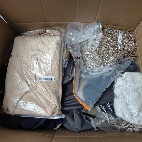 LARGE BOX OF APPROXIMATELY 20 ASSORTED CLOTHING ITEMS IN VARIOUS SIZES, STYLES AND COLOURS