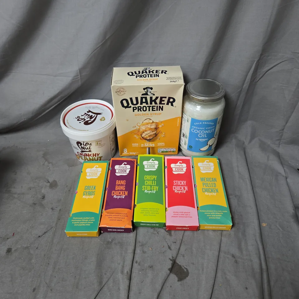 APPROXIMATELY 10 ASSORTED ITEMS OF FOOD AND DRINK INCLUDING QUAKER OATS PROTEIN, COLD PRESSED ORGANIC VIRGIN COCONUT OIL, ASSORTED SIMPLE COOK RECIPE KITS AND PIP AND NUT CRUNCHY PEANUT BUTTER