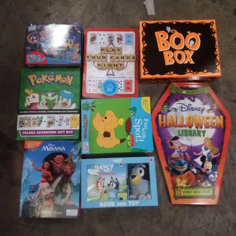 PALLET CONTAINING ASSORTED CHILDRENS ACTIVITY SETS/BOOKS INCLUDING FUN WITH SPOT!, BLUEY BOOK AND TOY, DISNEY HALLOWEEN LIBRARY, POKÉMON ADVENTURE GIFT BOX & PLAY YOUR CARDS RIGHT