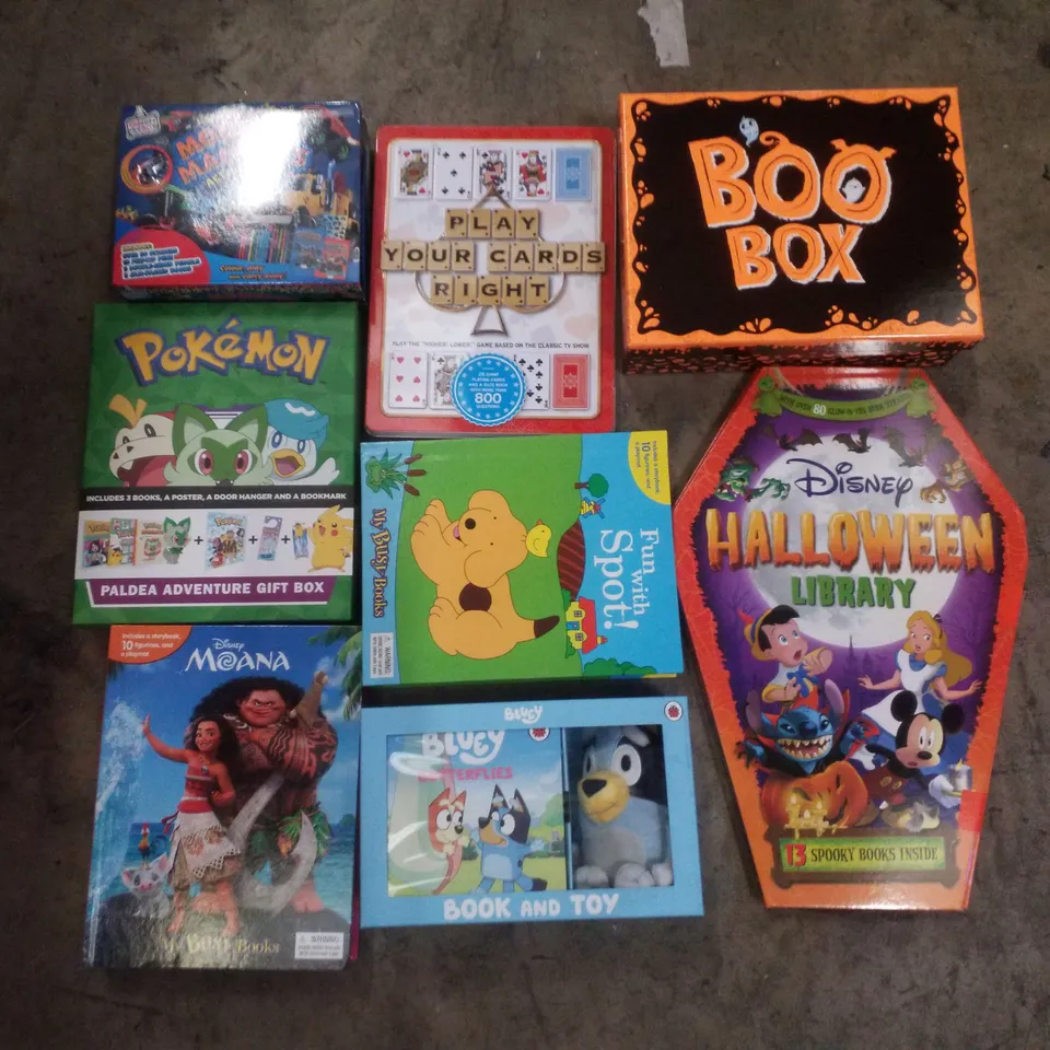 PALLET CONTAINING ASSORTED CHILDRENS ACTIVITY SETS/BOOKS INCLUDING FUN WITH SPOT!, BLUEY BOOK AND TOY, DISNEY HALLOWEEN LIBRARY, POKÉMON ADVENTURE GIFT BOX & PLAY YOUR CARDS RIGHT