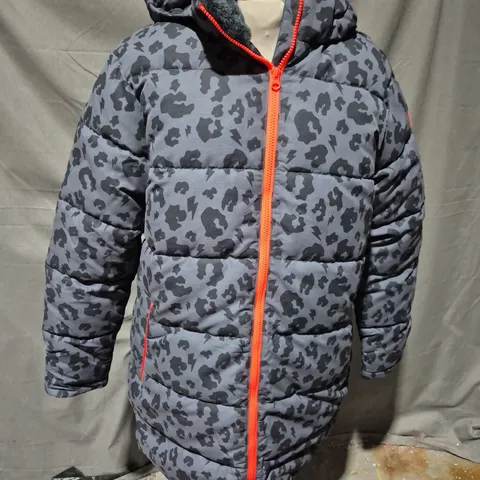 SCAMP & DUDE ADULT MID LENGTH PUFFA COAT IN GREY WITH BLACK LEOPARD & LIGHTNING BOLT SIZE S/M