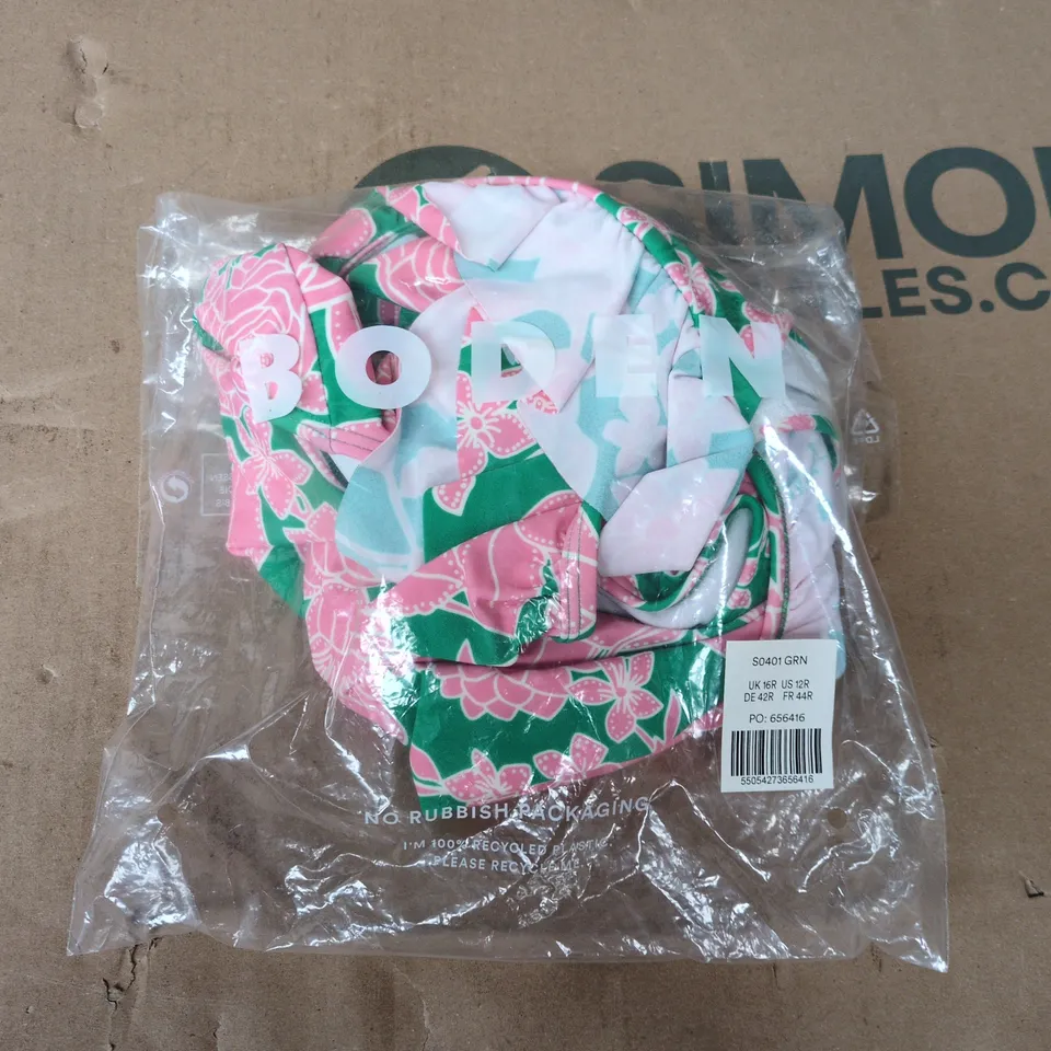 BAGGED BODEN EVIA RUFFLE SWIMSUIT IN GREEN/PINK - UK 16R