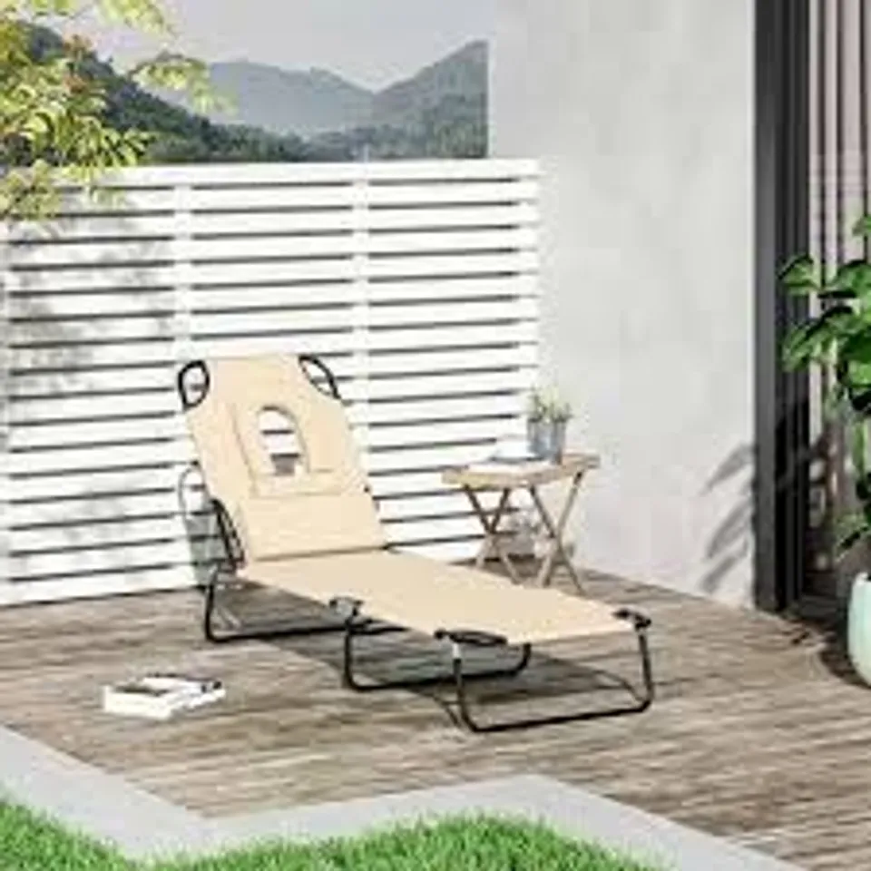 BOXED OUTSUNNY OUTDOOR FOLDABLE SUN LOUNGER, 4 LEVEL ADJUSTABLE BACKREST RECLINING SUN LOUNGER CHAIR WITH PILLOW AND READING HOLE, BEIGE