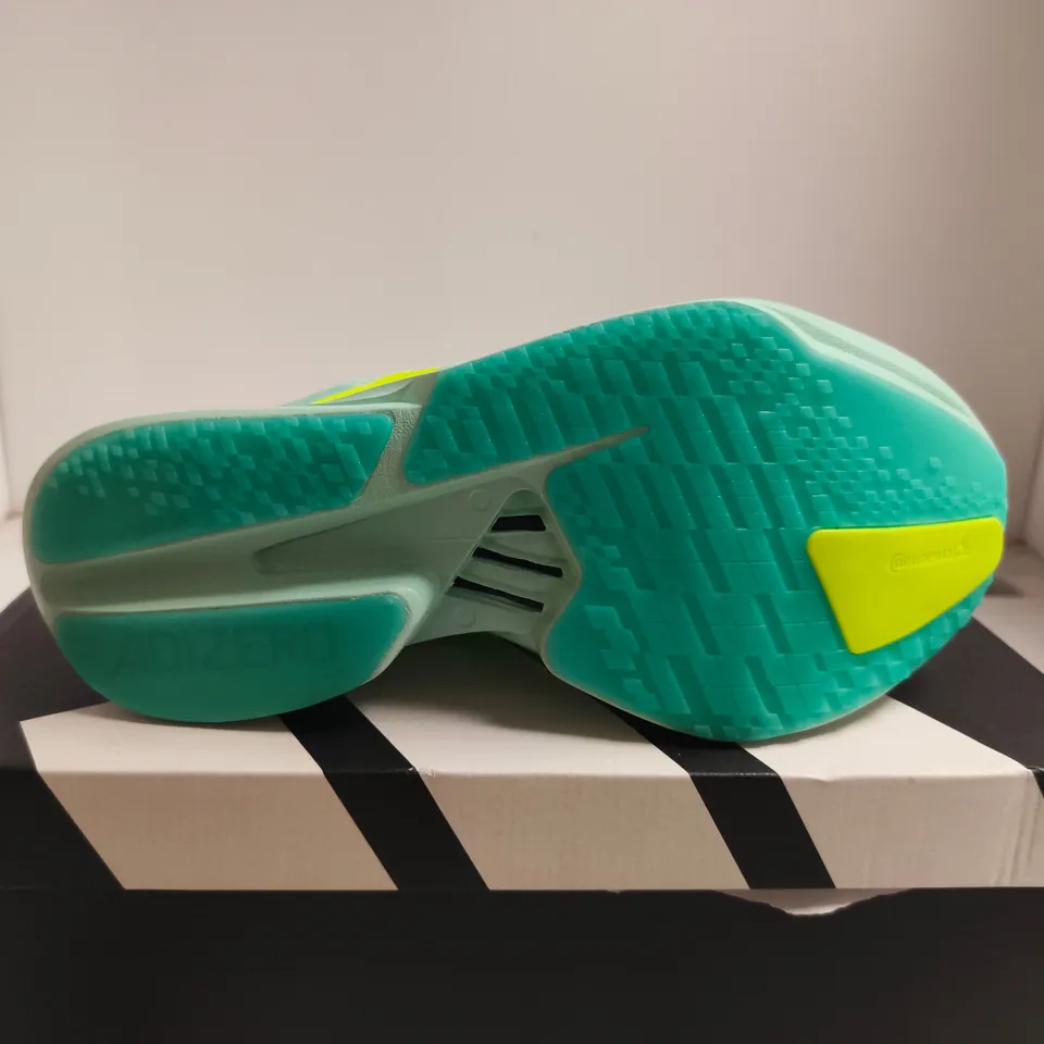 BOXED PAIR OF ADIDAS ADIZERO ADIOS PRO 4 W RUNNING SHOES – UK 9.5 (US 11), TURQUOISE/NEON YELLOW