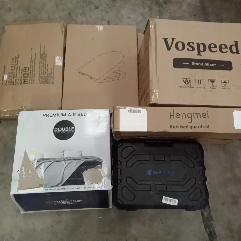PALLET OF ASSORTED ITEMS INCLUDING VOSPEED STAND MIXER, TOILET SEAT, OLARHIKE DOUBLE PREMIUM AIR BED, KIDS BED GUARDRAIL, LAUNDRY HAMPER