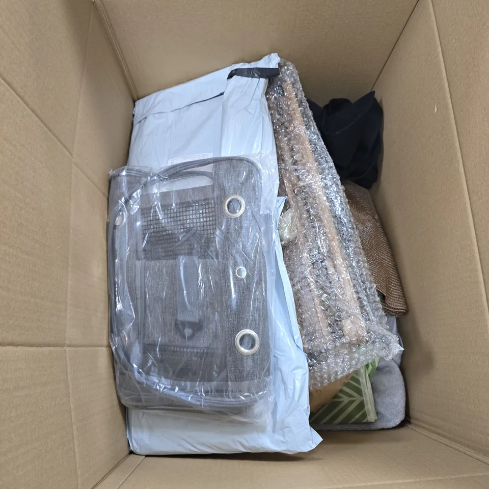BOX OF ASSORTED  HOUSEHOLD ITEMS INCLUDING  UMBRELLA WITH WOODEN CURVED HANDLE, MADEIRA STABILIZER ROLL, IKEA PACKAGING BOX, AND GREY FABRIC ITEM