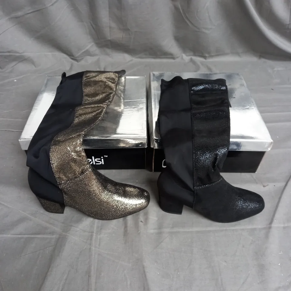 BOX OF 10 PAIRS OF KESLIE HEELED KNEE HIGH BOOT IN BLACK AND GUN GREY - VARIOUS SIZES