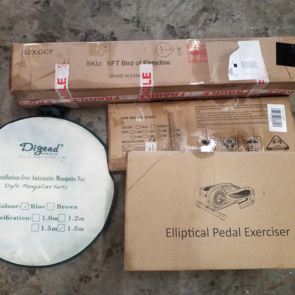 PALLET CONTAINING ASSORTED PRODUCTS INCLUDING 6FT BIRD OF PARADISE, MOSQUITO NET, ELLIPTICAL PEDAL EXERCISER & BED RAIL GUARD