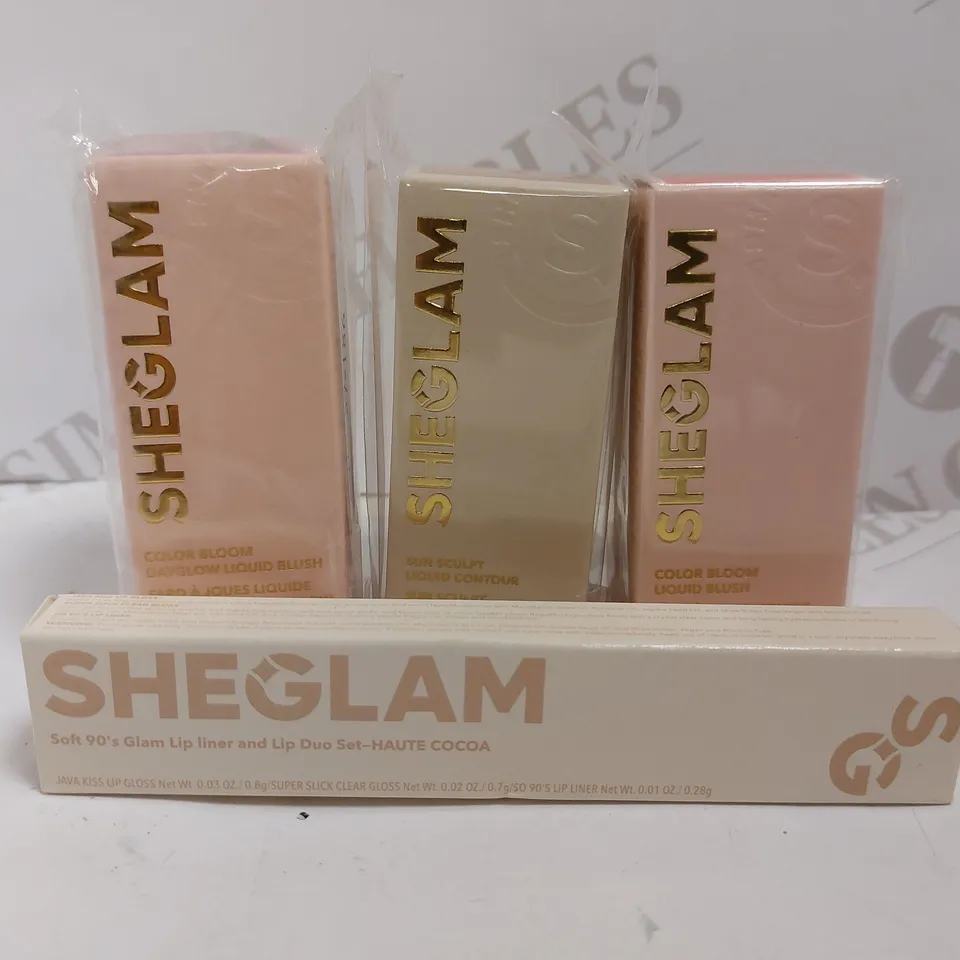 4 SHEGLAM ITEMS TO INCLUDE LIP GLOSS, COLOUR BLOOM AND SUN SCRIPT