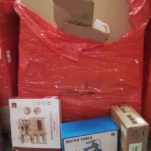 PALLET OF ASSORTED HOUSEHOLD GOODS AND PRODUCTS TO INCLUDE;WATER TABLE,WOODEN KITCHEN TOY,STORAGE CART