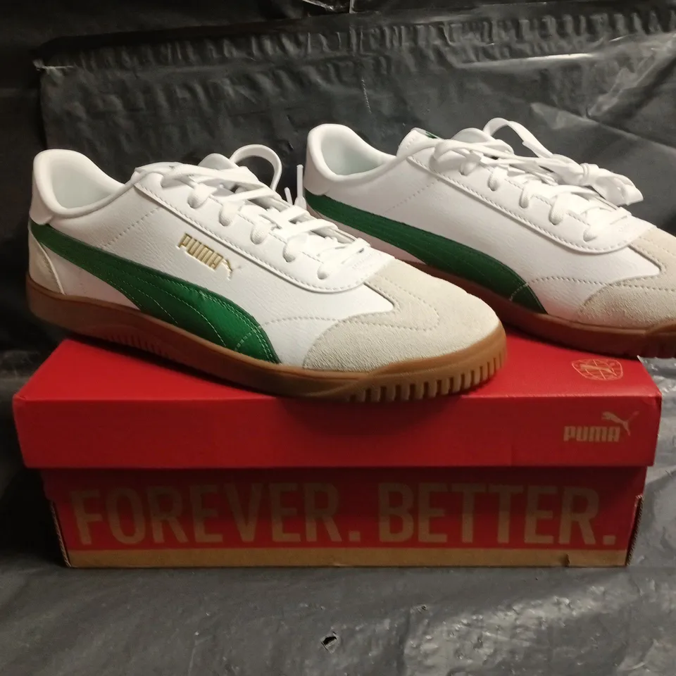 BOXED PAIR OF PUMA CLUB 5V5 SD TRAINERS IN WHITE/GREEN SIZE UK 10