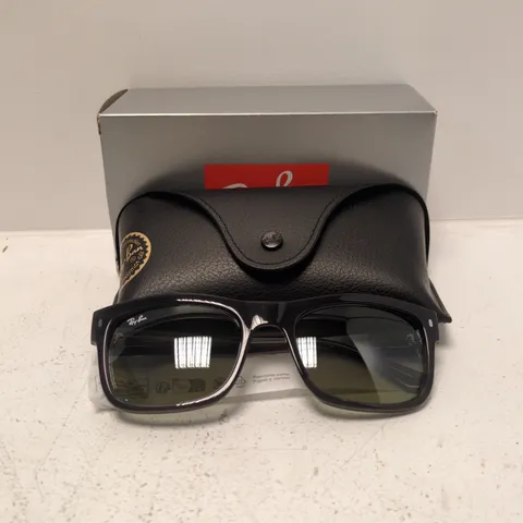 RAY-BAN SUNGLASSES – BLACK FRAME WITH BLUE MIRRORED LENSES