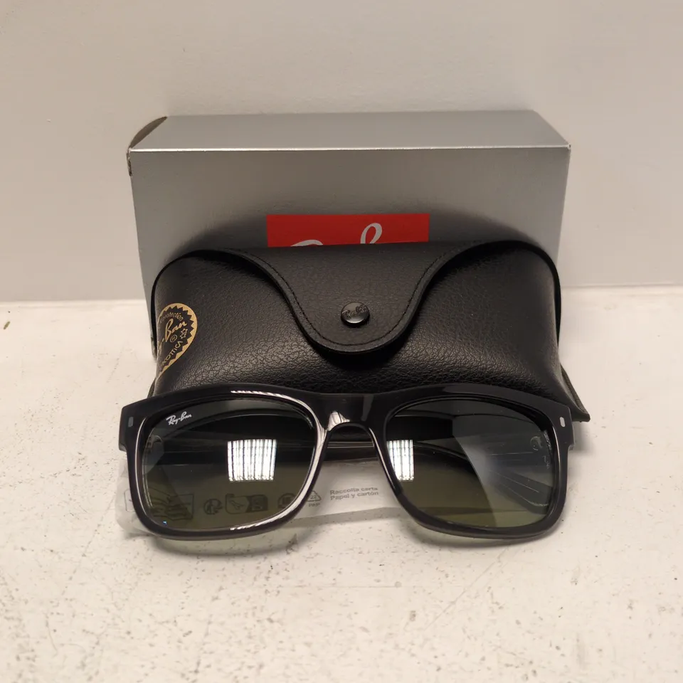 RAY-BAN SUNGLASSES – BLACK FRAME WITH BLUE MIRRORED LENSES