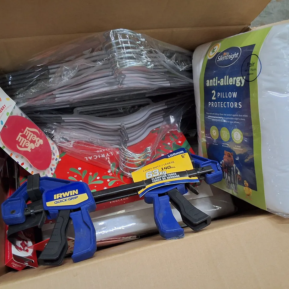 BOX CONTAINING ASSORTED PRODUCTS INCLUDING PILLOW PROTECTORS, IRWIN QUICK-GRIP VICE, CLOTHES HANGERS & JELLY BELLY AIR FRESHENERS