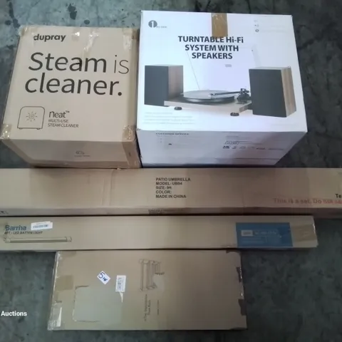 PALLET OF ASSORTED ITEMS INCLUDING TURNTABLE HI-FI SYSTEM, PATIO UMBRELLA, LED BATTEN LIGHT, STEAM CLEANER, 4 TIER EXPANDABLE SHOE RACK