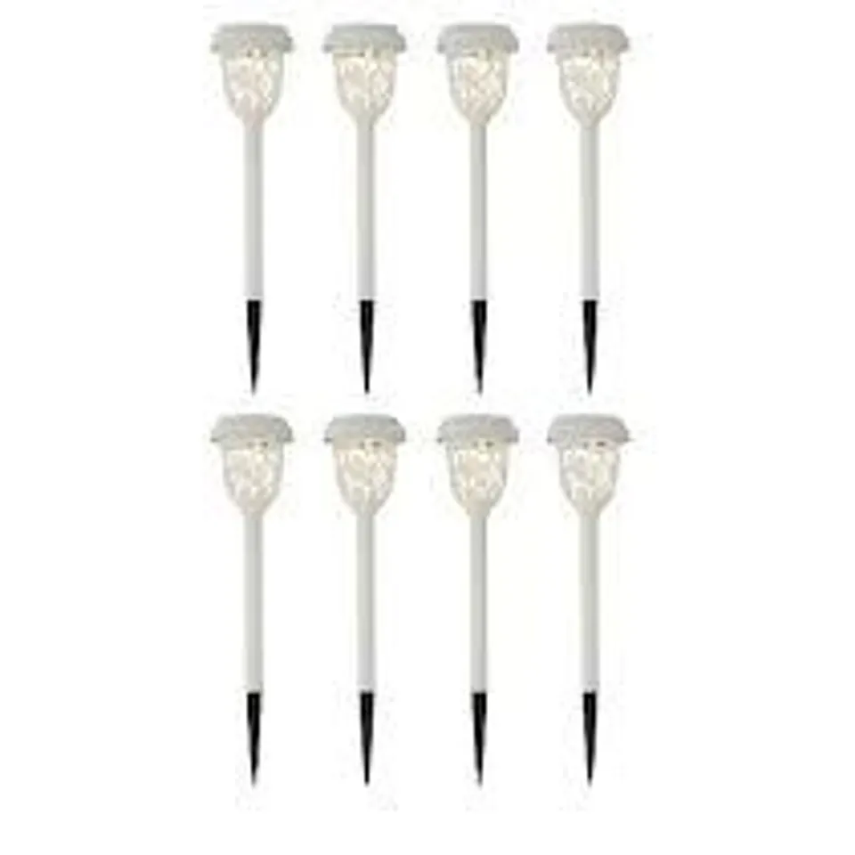 BOXED GARDEN STORIES SET OF 8 ORNATE GLASS STAKE LIGHTS