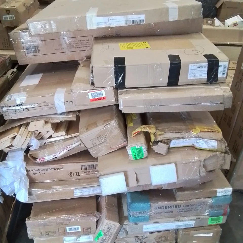 PALLET CONTAINING VARIOUS INCOMPLETE BOXED FURNITURE PARTS AND OTHER HOUSEHOLD ITEMS ETC.