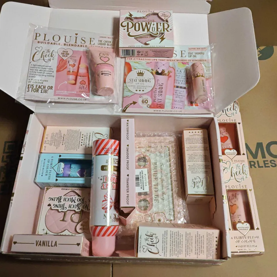 LOT OF 14 ASSORTED PLOUISE COSMETIC ITEMS TO INCLUDE BRIGHTENING POWDER, LIQUID BLUSH AND PRESSED POWDER