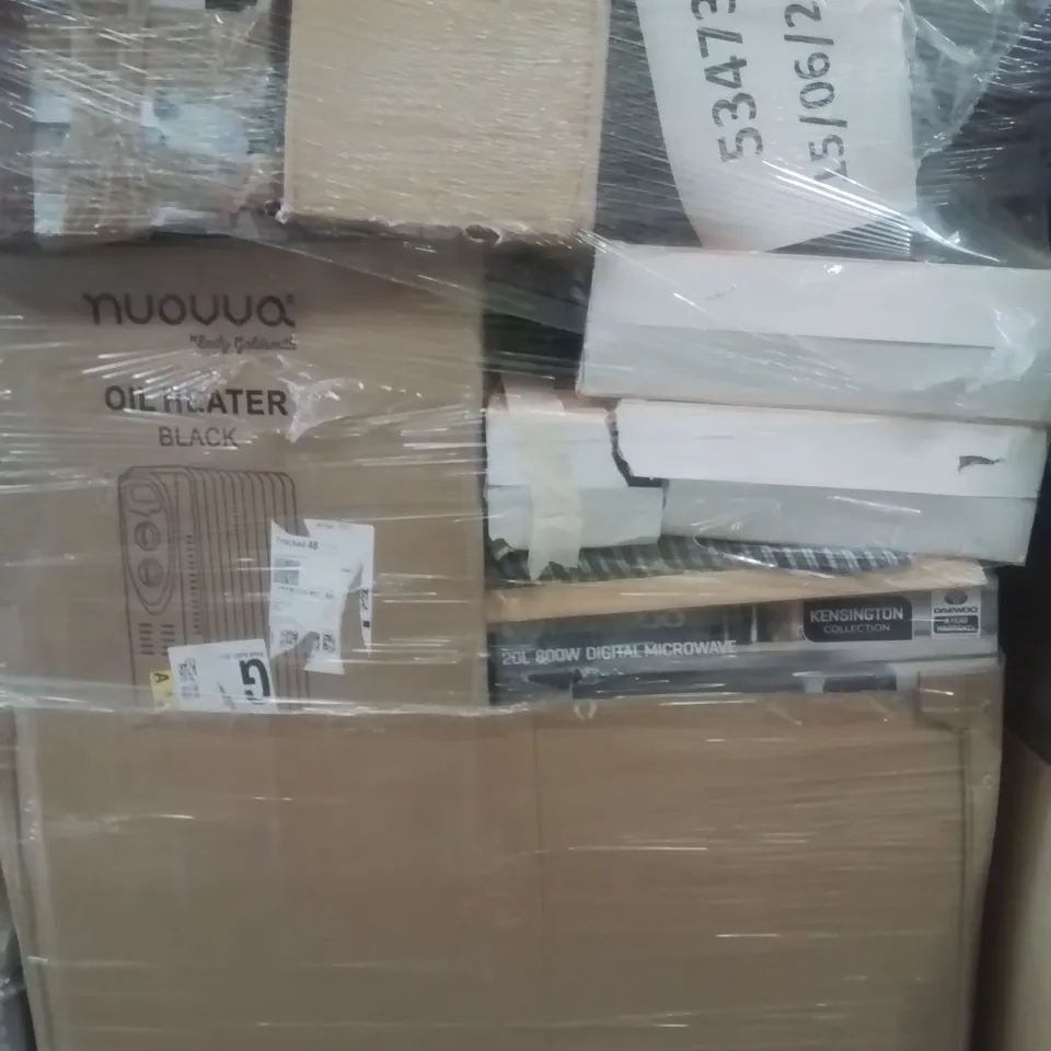 PALLET CONTAINING VARIOUS ELECTRICAL ITEMS AND HOUSEHOLD PRODUCTS TO INCLUDE:OIL HEATER,20L 800W DIGITAL MICROWAVE,2000W CONVECTOR HEATER