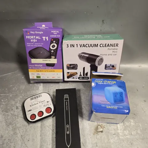 APPROXIMATELY 10 ASSORTED ELECTRICAL PRODUCTS TO INCLUDE MINI VACUUM CLEANER, ALARM CLOCK, KITCHEN TIMER ETC 