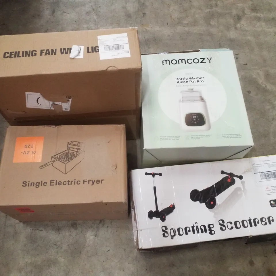 PALLET CONTAINING ASSORTED PRODUCTS INCLUDING CEILING FAN LIGHT, SINGLE ELECTRIC FRYER, BOTTLE WASHER KLEAN PRO & SPORTING SCOOTER