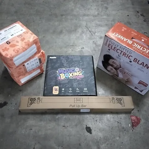 PALLET OF HOUSEHOLD ITEMS TO INCLUDE PULL UP BAR,MUSIC BOXING MACHINE, NAPPIES,ELECTRIC BLANKET AND OTHER ASSORTED ITEMS..L