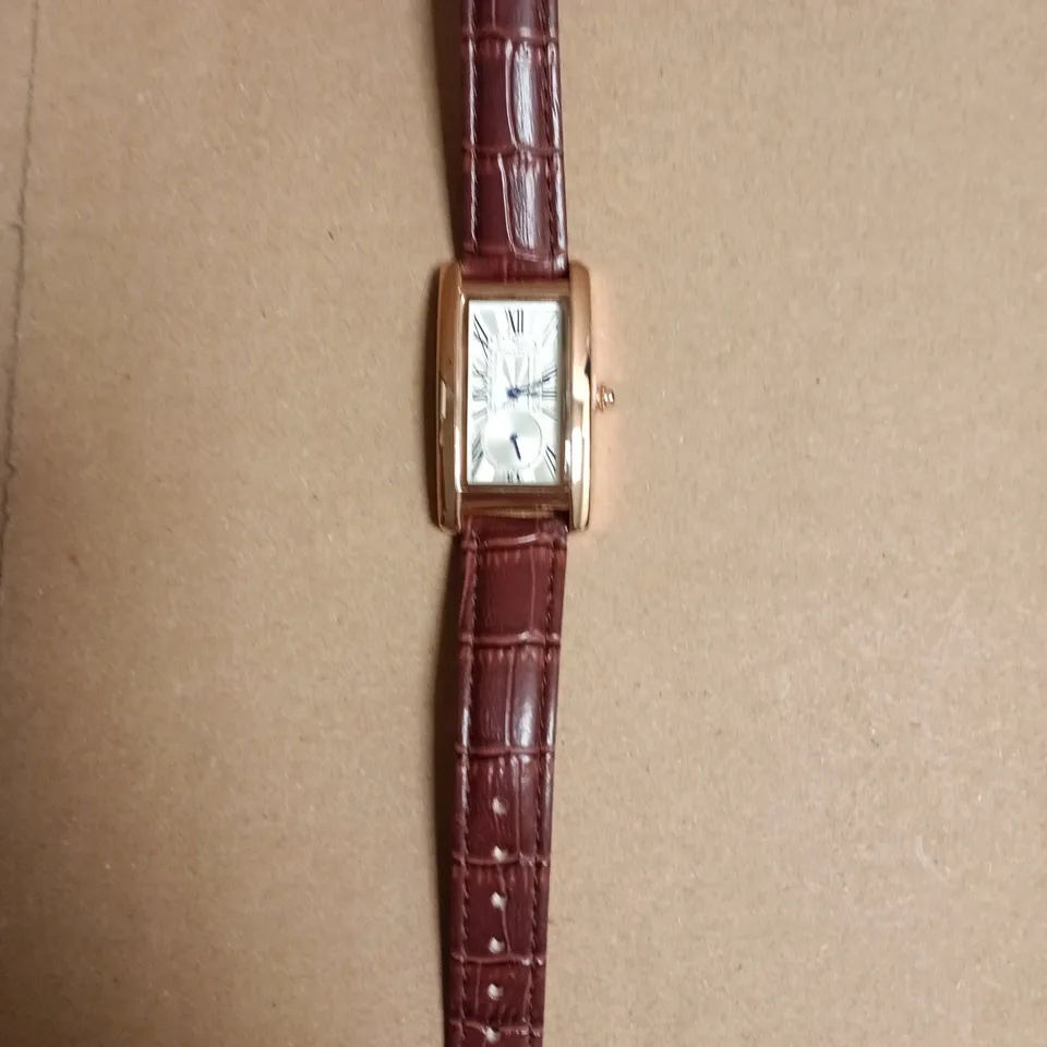 BOXED STOCKWELL RECTANGULAR GOLD-TONE WRISTWATCH WITH BURGUNDY CROCODILE-PATTERN LEATHER STRAP