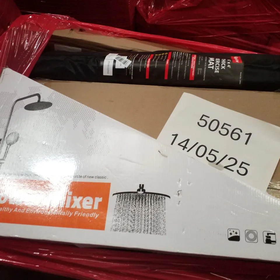 PALLET CONTAINING ASSORTED PRODUCTS INCLUDING SHOWER MIXER, THICK EXERCISE MAT & WHITE CHRISTMAS TREE 