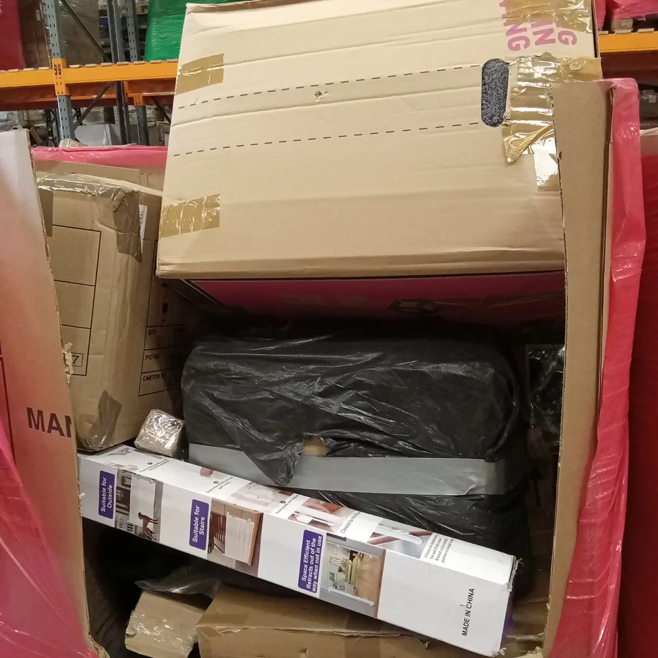 PALLET OF ASSORTED HOUSEHOLD GOODS AND PRODUCTS TO INCLUDE; RETRACTABLE SAFETY GATE, BOXED FURNITURE ETC 