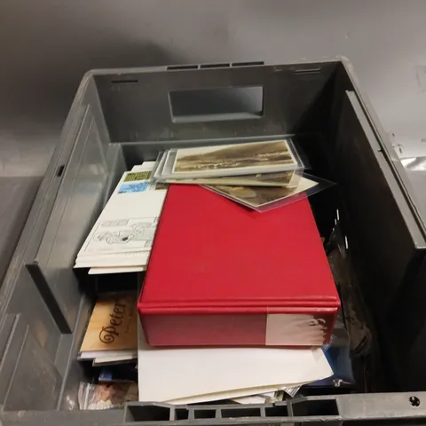 TOTE OF COLLECTABLE POSTCARDS AND POSTAGE STAMPS