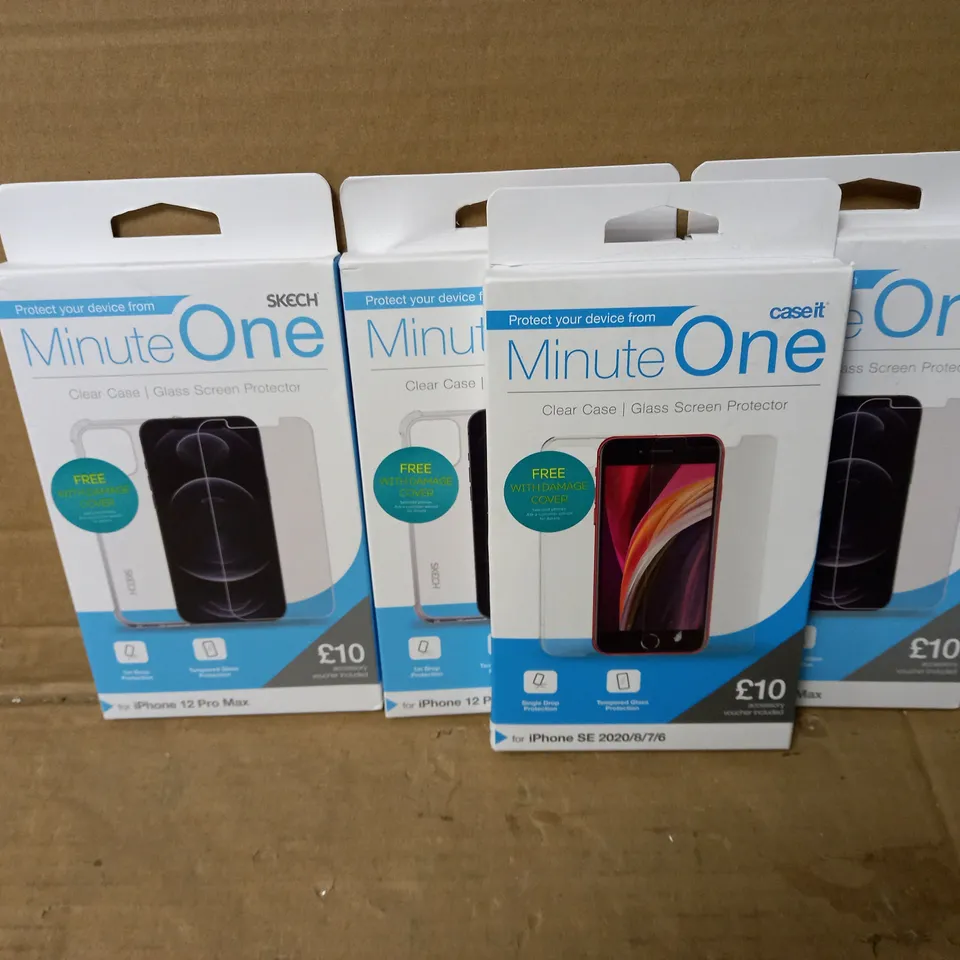 LOT OF 4 MINUTE ONE ITEMS INCLUDING 3 CLEAR CASES FOR IPHONE 12 PRO MAX, 1 CLEAR CASE IPHONE SE 2020/8/7/6