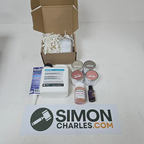 TOTE OF ASSORTED DECORATING ITEMS TO INLUCDE; WALL PAINT, MOULD MAGIC, PORCELIN SEALER.