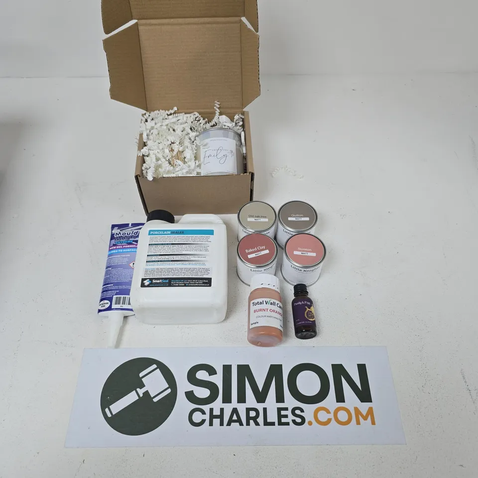 TOTE OF ASSORTED DECORATING ITEMS TO INLUCDE; WALL PAINT, MOULD MAGIC, PORCELIN SEALER.