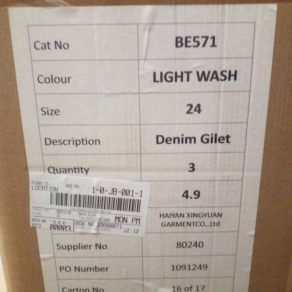 BOX CONTAINING APPROXIMATELY 3 BRAND NEW SIMPLY BE BLUE REGULAR SLEEVELESS DENIM GILETS - SIZE 24