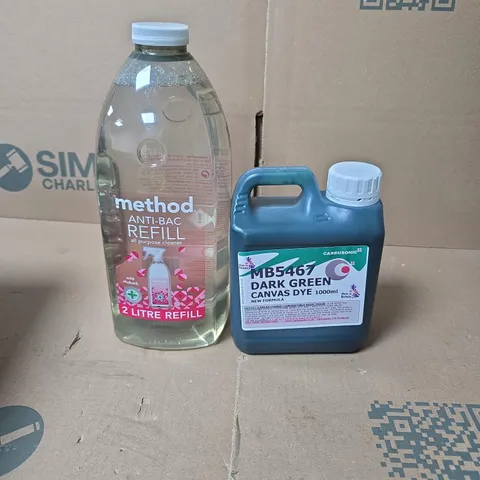 LOT OF 5 HOUSEHOLD LIQUIDS TO INCLUDE DARK GREEN CANVAS DYE, METHOD ALL PURPOSE CLEANER AND SCOLA WASHABLE PVA GLUE