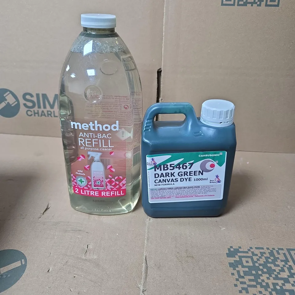 LOT OF 5 HOUSEHOLD LIQUIDS TO INCLUDE DARK GREEN CANVAS DYE, METHOD ALL PURPOSE CLEANER AND SCOLA WASHABLE PVA GLUE