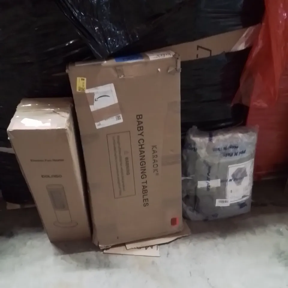 PALLET OF ASSORTED HOUSEHOLD GOODS AND PRODUCTS TO INCLUDE;FAN HEATER,BABY CHANGING TABLES,DOG BED