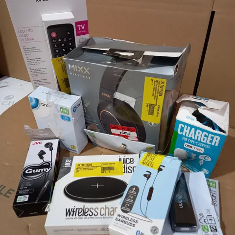 LOT OF APPROX. 10 X ITEMS TO INCLUDE MIXX EX1 WIRELESS HEADPHONES, ONE FOR ALL REPLACEMENT REMOTE FOR LG TELEVISIONS, JUICE DISC WIRELESS CHARGER, ETC.